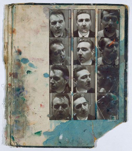 Photobooth portraits of Francis Bacon, George Dyer, and David Plante, taken in Aix-en-Provence, mounted to the inside cover of a book